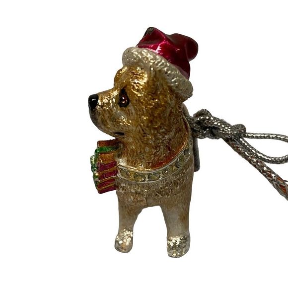 Dog Terrier Red Hat Rhinestone Necklace Gift Enamel Christmas Ornament - Picture 3 of 7